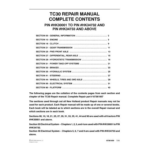 Manuel de réparation pdf du tracteur New Holland TC30 - Nouvelle-Hollande Agriculture manuels - NH-87361957