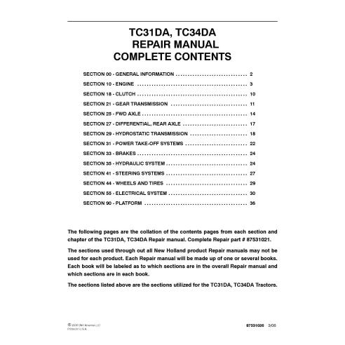 Manual de reparo em pdf do trator New Holland TC31DA, TC34DA - New Holland Agricultura manuais - NH-87531021