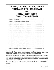 Manuel de réparation pdf du tracteur New Holland TS100A, TS110A, TS115A, TS125A, TS130A, TS135A, T6010, T6020, T6030, T6050, ...