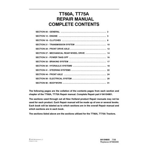 Manual de reparo pdf do trator New Holland TT60A, TT75A - New Holland Agricultura manuais - NH-84154801