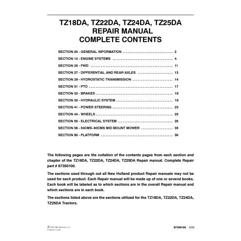 New Holland TZ18DA, TZ22DA, TZ24DA, TZ25DA tractor pdf repair manual  - New Holland Agriculture manuals - NH-87350100