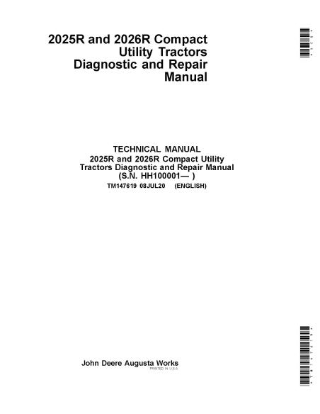TM147619 John Deere 2025R, 2026R trator compacto pdf diagnóstico e manual de reparo