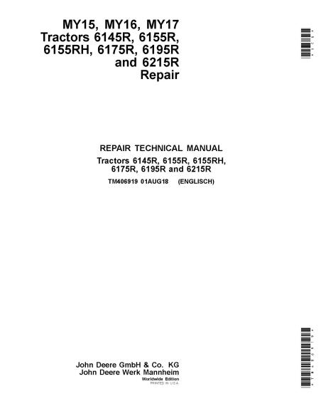 TM406919 Manual técnico de reparação dos tratores John Deere 6145R, 6155R, 6155RH, 6175R, 6195R, 6215R MY15-17 (TM406919)