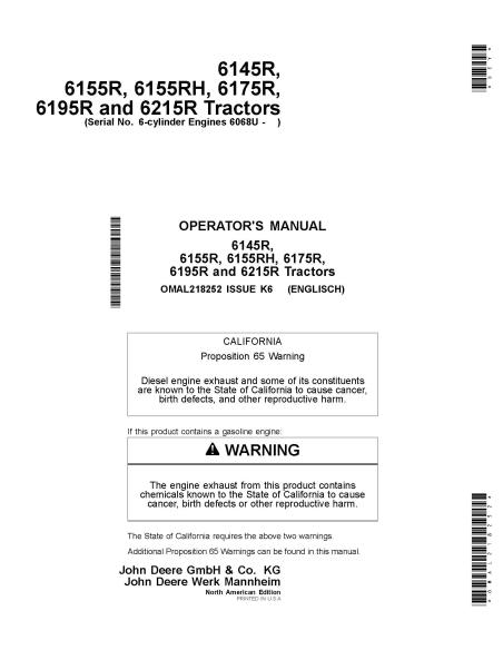 JD-OMAL218252 John Deere 6145R, 6155R, 6155RH, 6175R, 6195R, 6215R MY15-17 tractor pdf manual del operador
