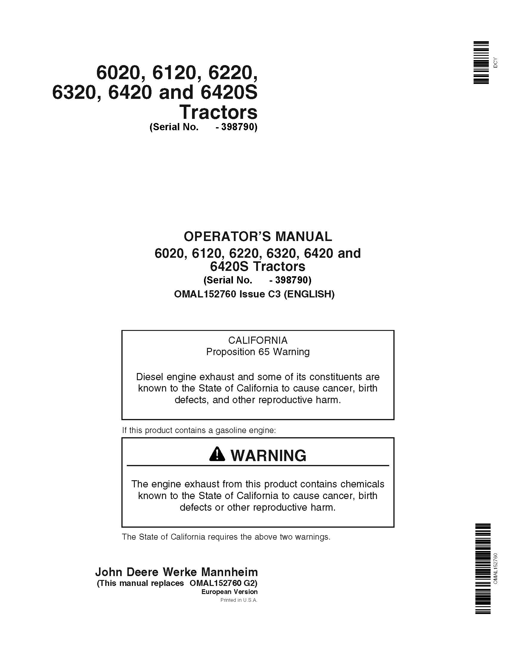 John Deere 6020, 6120, 6220, 6320, 6420, 6420S tractor pdf operator's ...