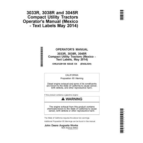 Manual do operador em pdf do trator compacto John Deere 3033R, 3038R, 3045R - John Deere manuais - JD-OMLVU29138