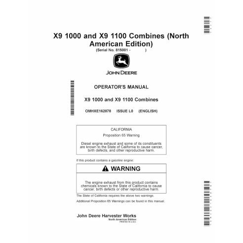 John Deere X9 1000 and X9 1100 combine pdf operator's manual  - John Deere manuals - JD-OMHXE162878