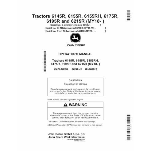 John Deere 6145R, 6155R, 6155RH, 6175R, 6195R, 6215R (MY18-) manual do operador do trator pdf - John Deere manuais - JD-OMAL2...