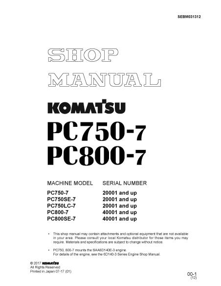 KOMATSU-SEBM031312 Manuel d'atelier de la pelle hydraulique Komatsu PC750-7, PC750SE-7, PC750LC-7, PC800-7, PC800SE-7 pdf