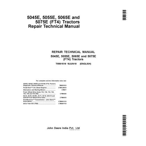 TM901519 Manual técnico de reparación de tractores John Deere 5045E, 5055E, 5065E, 5075E (TM901519)