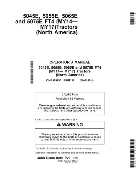 JD-OMSJ29833 John Deere 5045E, 5055E, 5065E, 5075E tractor operator's manual (OMSJ29833)