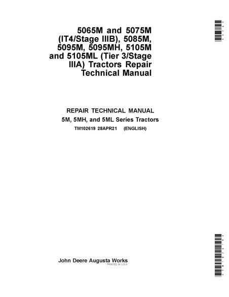 TM102619 Manuel technique de réparation des tracteurs John Deere 5065M, 5075M, 5085M, 5095M, 5095MH, 5105M, 5105ML (TM102619)