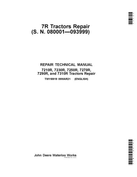 TM118919 Manual técnico de reparação dos tratores John Deere 7210R, 7230R, 7250R, 7270R, 7290R, 7310R (TM118919)