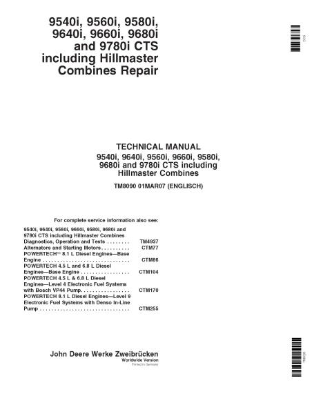 TM8090 John Deere 9540i, 9640i, 9560i, 9660i, 9580i, 9680i, 9780i CTS combine pdf repair technical manual