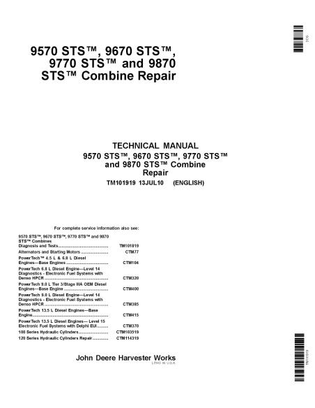 TM101919 John Deere 9570 STS, 9670 STS, 9770 STS, 9870 STS moissonneuse-batteuse manuel technique de réparation pdf