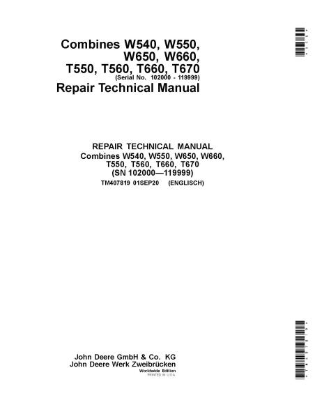 TM407819 John Deere W540, W550, W650, W660, T550, T560, T660, T670 moissonneuse-batteuse manuel technique de réparation pdf