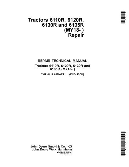 TM410419 John Deere 6110R, 6120R, 6130R and 6135R (MY18- ) tractor repair manual (TM410419)