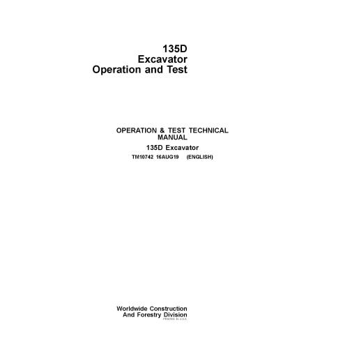 Manual técnico de teste e operação em pdf da escavadeira John Deere 135D - John Deere manuais - JD-TM10742