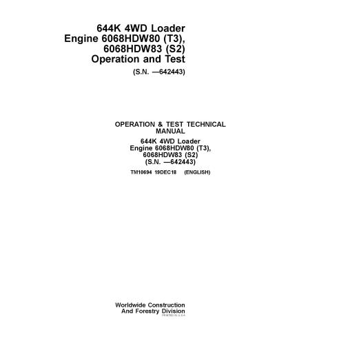 Cargadora de ruedas John Deere 644K manual técnico de operación y prueba en pdf - John Deere manuales - JD-TM10694