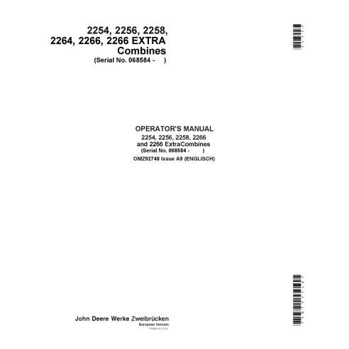 John Deere 2254, 2256, 2258, 2264, 2266, 2266 Extra combine pdf operator's manual  - John Deere manuals - JD-OMZ92748
