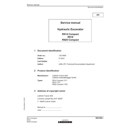 Manual de serviço em pdf da Liebherr R914, R918, R920 escavadeira hidráulica compacta - Liebherr manuais - LIEBHERR-R914-R920-EN