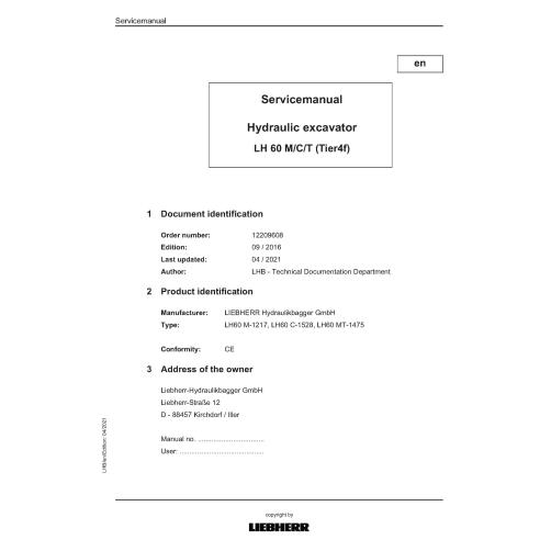Manuel d'entretien pdf de la pelle hydraulique Liebherr LH60 M/C/T Tier 4f - Liebherr manuels - LIEBHERR-LH60-EN