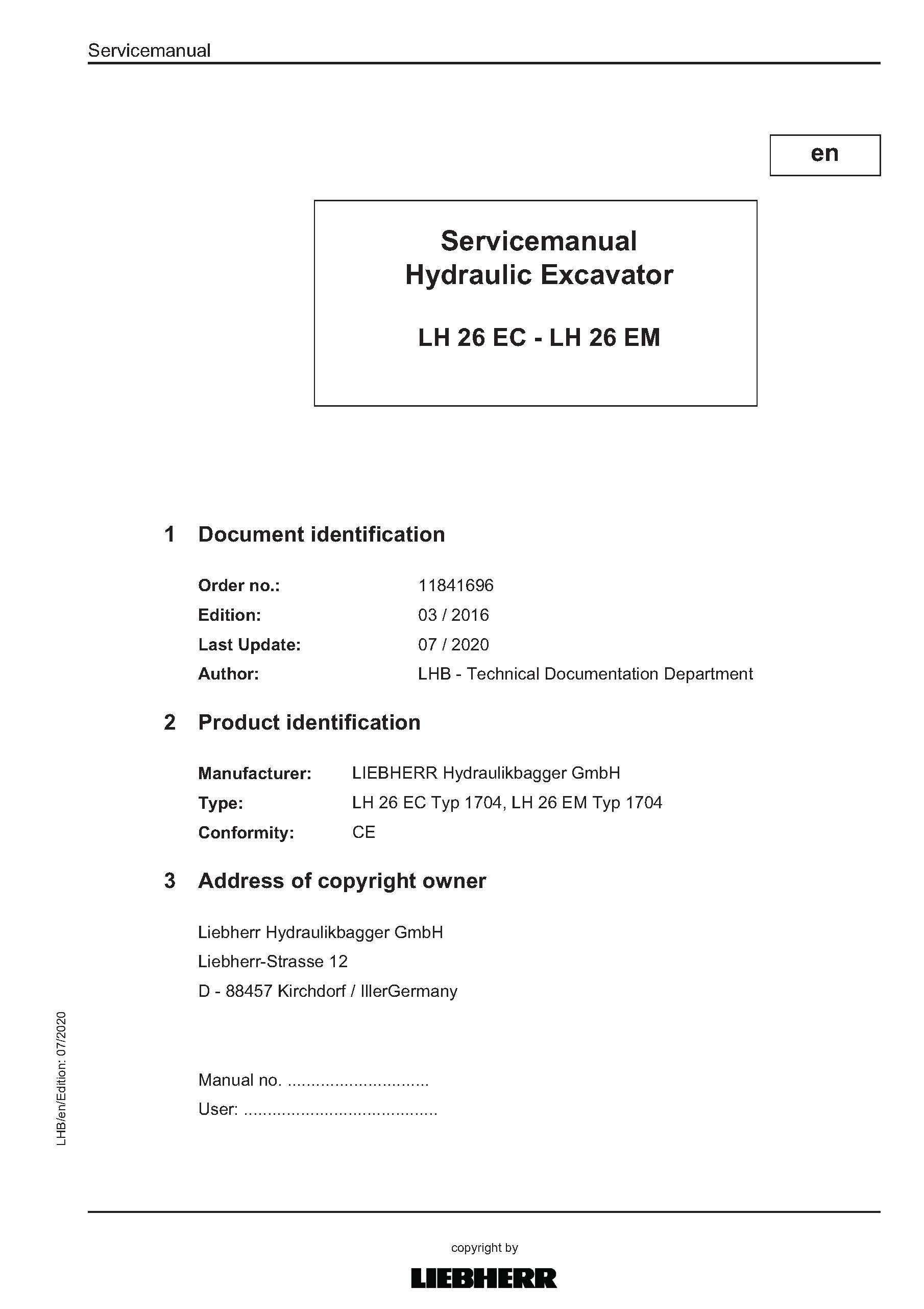 Excavadora hidráulica Liebherr LH26 EC / EM pdf manual de servicio