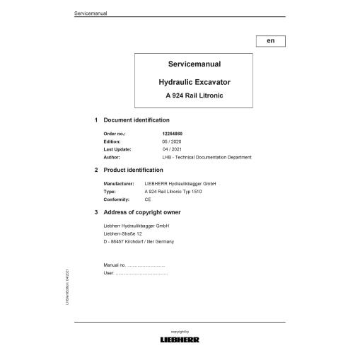Manuel d'entretien pdf de la pelle hydraulique Liebherr A924 Rail Lytronic - Liebherr manuels - LIEBHERR-A924_Rail-EN