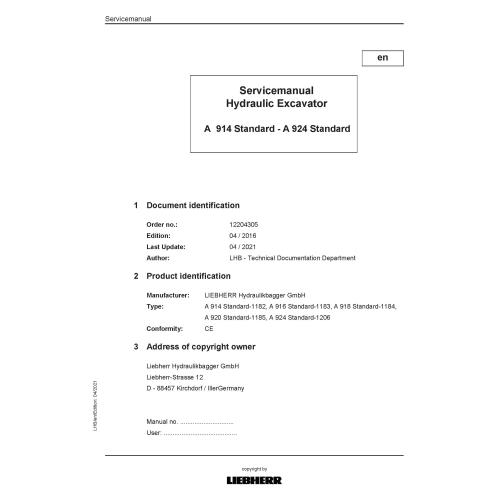 Manuel d'entretien pdf de la pelle hydraulique standard Liebherr A914, A916, A918, A920, A924 - Liebherr manuels - LIEBHERR-A...