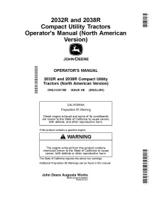 JD-OMLVU31185 John Deere 2032R, 2038R compact tractor operator's manual (OMLVU31185)