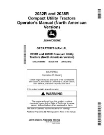 Manual do operador em pdf do trator compacto John Deere 2032R, 2038R - John Deere manuais