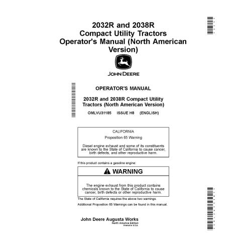John Deere 2032R, 2038R tractor compacto pdf manual del operador - John Deere manuales - JD-OMLVU31185