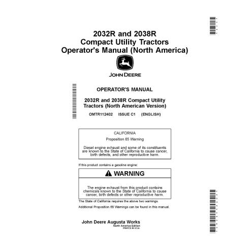 Manual do operador em pdf do trator compacto John Deere 2032R, 2038R - John Deere manuais - JD-OMTR112402