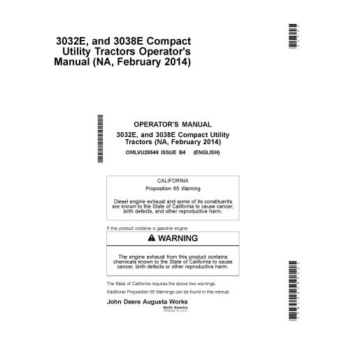 Manual do operador em pdf do trator compacto John Deere 3032E, 3038E - John Deere manuais - JD-OMLVU28546