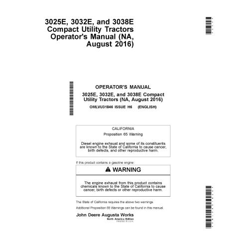 Manual do operador em pdf do trator compacto John Deere 3025E, 3032E, 3038E - John Deere manuais - JD-OMLVU31846