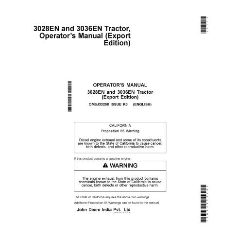 Manual do operador em pdf do trator compacto John Deere 3028EN, 3036EN - John Deere manuais - JD-OMSJ33298