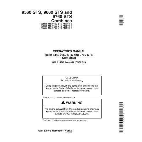 John Deere 9560 STS, 9660 STS, 9760 STS combinada manual do operador pdf - John Deere manuais - JD-OMH215847