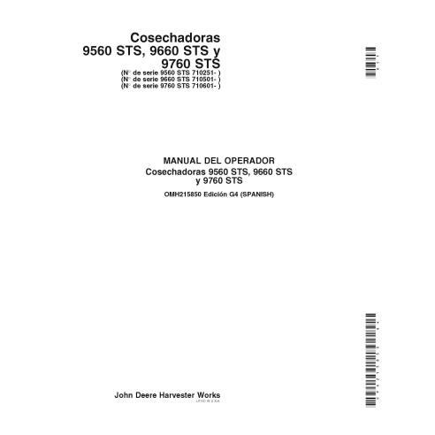 John Deere 9560 STS, 9660 STS, 9760 STS cosechadora pdf manual del operador ES - John Deere manuales - JD-OMH215850