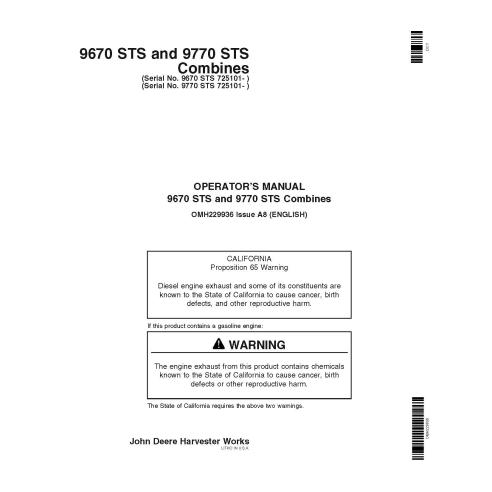John Deere 9670 STS, 9770 STS cosechadora pdf manual del operador - John Deere manuales - JD-OMH229936
