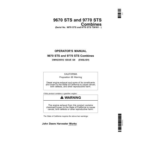John Deere 9670 STS, 9770 STS combinada manual do operador pdf - John Deere manuais - JD-OMH235512