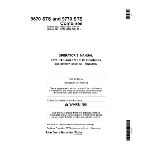 John Deere 9670 STS, 9770 STS cosechadora pdf manual del operador - John Deere manuales - JD-OMHXE22997