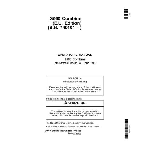 John Deere S560 STS cosechadora pdf manual del operador - John Deere manuales - JD-OMHXE23091