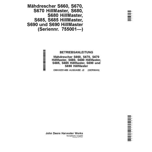 John Deere S660 STS, S670, S680, S685, S690 combine pdf operator's manual DE - John Deere manuals - JD-OMHXE51489