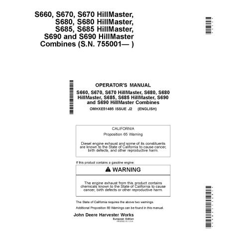 John Deere S660 STS, S670, S680, S685, S690 combine pdf operator's manual  - John Deere manuals - JD-OMHXE51485