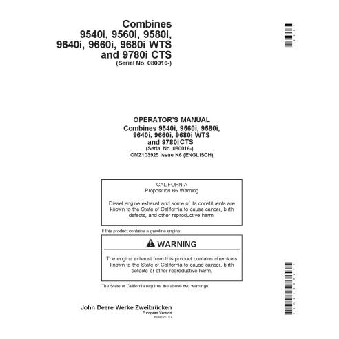 John Deere 9540i, 9560i, 9580i, 9640i, 9660i, 9680i, 9780i cosechadora pdf manual del operador - John Deere manuales - JD-OMZ...