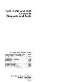 TM1402 John Deere 9400, 9500, 9600 combine diagnostic technical manual (TM1402)