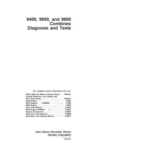 TM1402 John Deere 9400, 9500, 9600 combine diagnostic technical manual (TM1402)