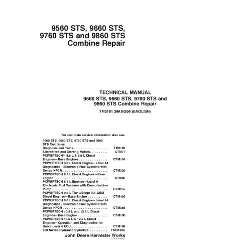 TM2181 John Deere 9560 STS, 9660 STS, 9760 STS, 9860 STS combine service manual (TM2181)
