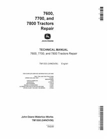 TM1500 Manuel de réparation PDF pour tracteurs John Deere 7600, 7700, 7800 (TM1500)