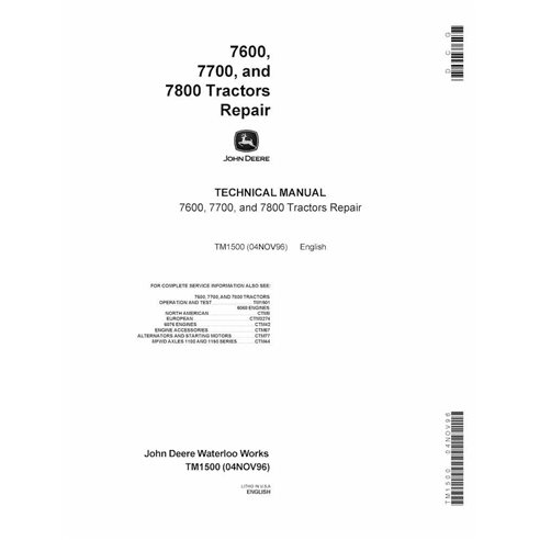 TM1500 Manuel de réparation PDF pour tracteurs John Deere 7600, 7700, 7800 (TM1500)